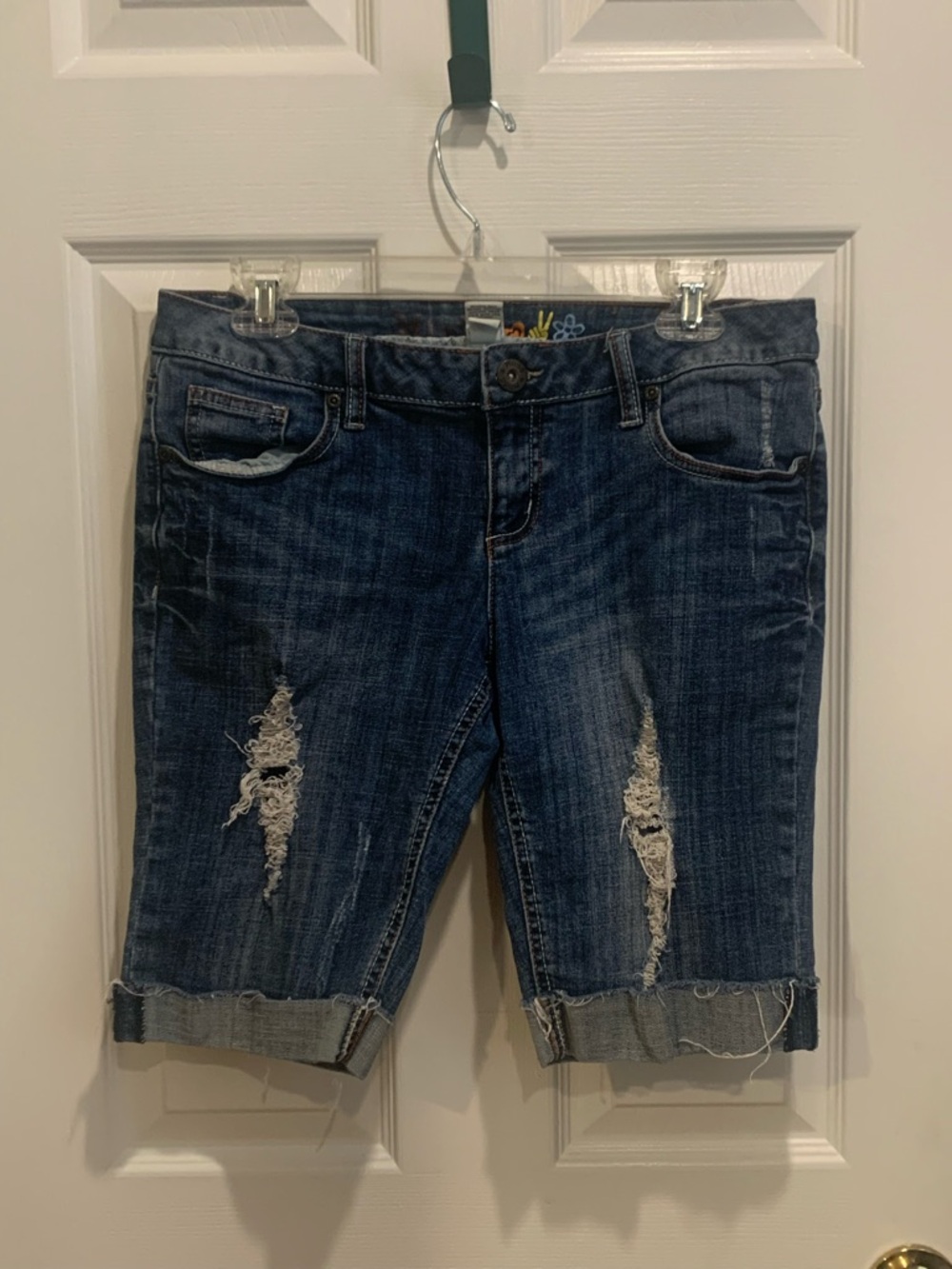 Dark Wash Distressed Denim Bermuda Shorts